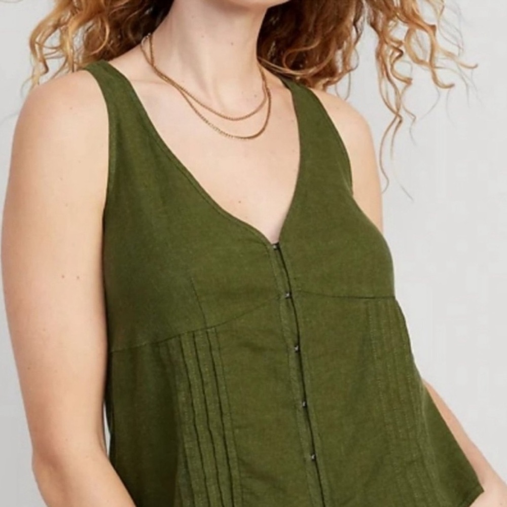 old navy olive green linen blend flyaway tie corset back tank top large